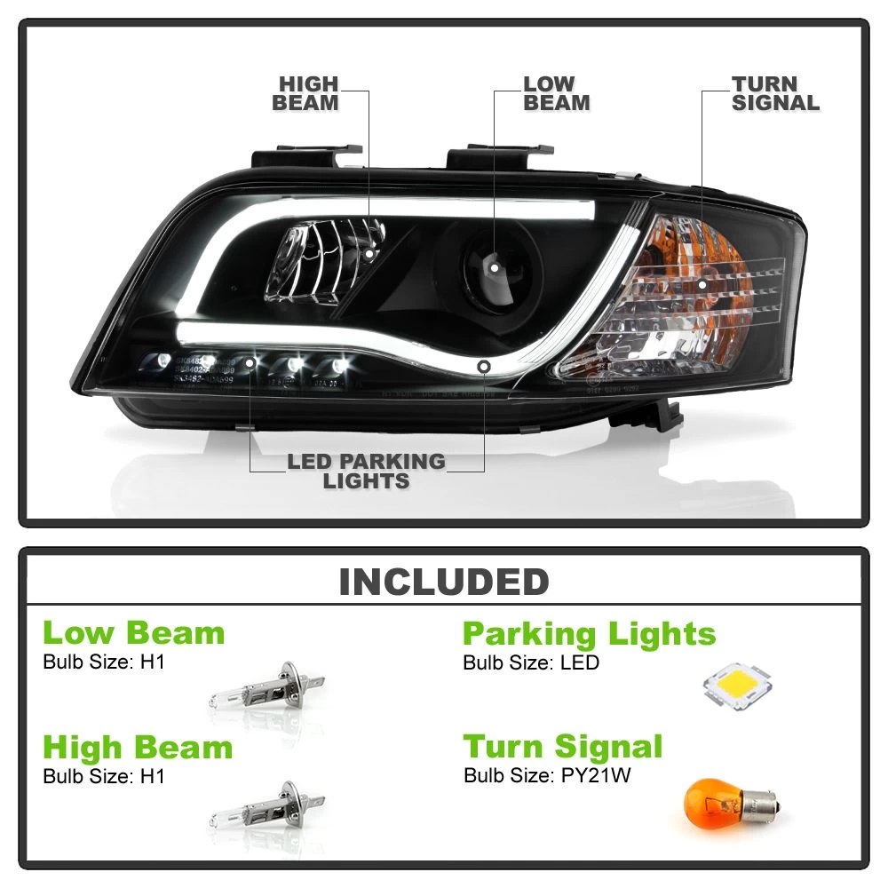 02-04 Audi A6 S6 LED DRL Light-Tube Projector Headlights - Black 4 02-04 Audi A6 S6 LED DRL Light-Tube Projector Headlights - Black - Image 2