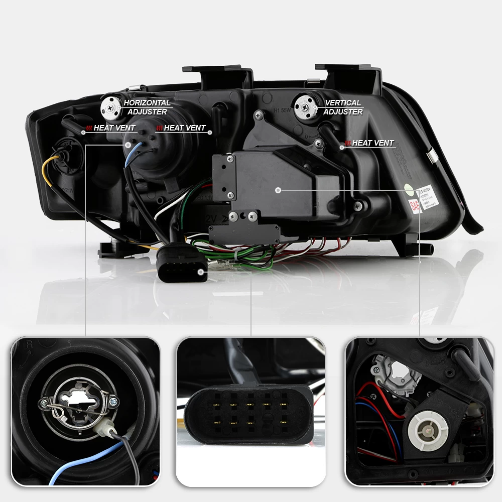 02-04 Audi A6 S6 LED DRL Light-Tube Projector Headlights - Black 5 02-04 Audi A6 S6 LED DRL Light-Tube Projector Headlights - Black - Image 3