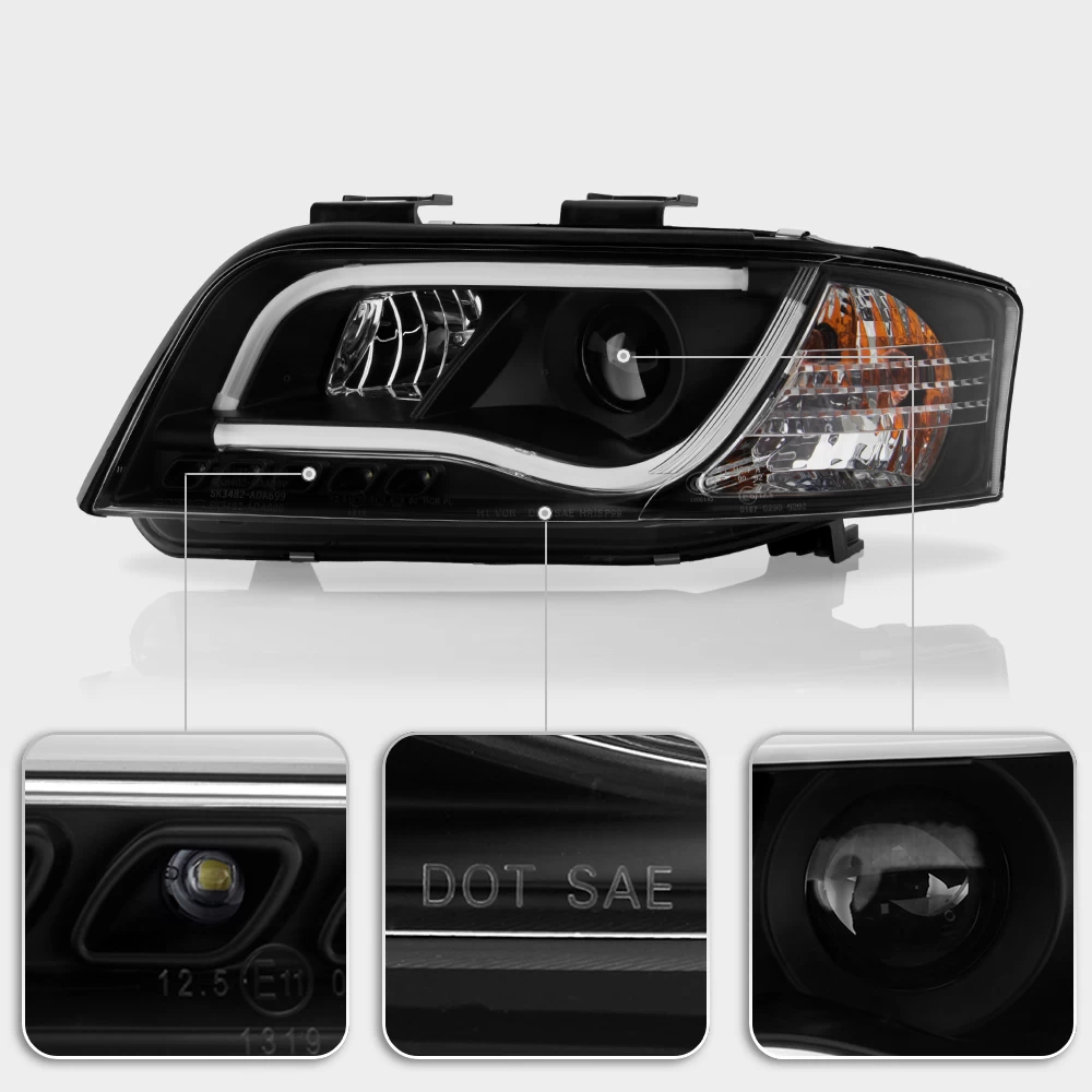 02-04 Audi A6 S6 LED DRL Light-Tube Projector Headlights - Black 6 02-04 Audi A6 S6 LED DRL Light-Tube Projector Headlights - Black - Image 4
