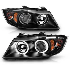 06-08 BMW E90 3 Series LED Angel Eye Halo & LED Projector Headlights - Black