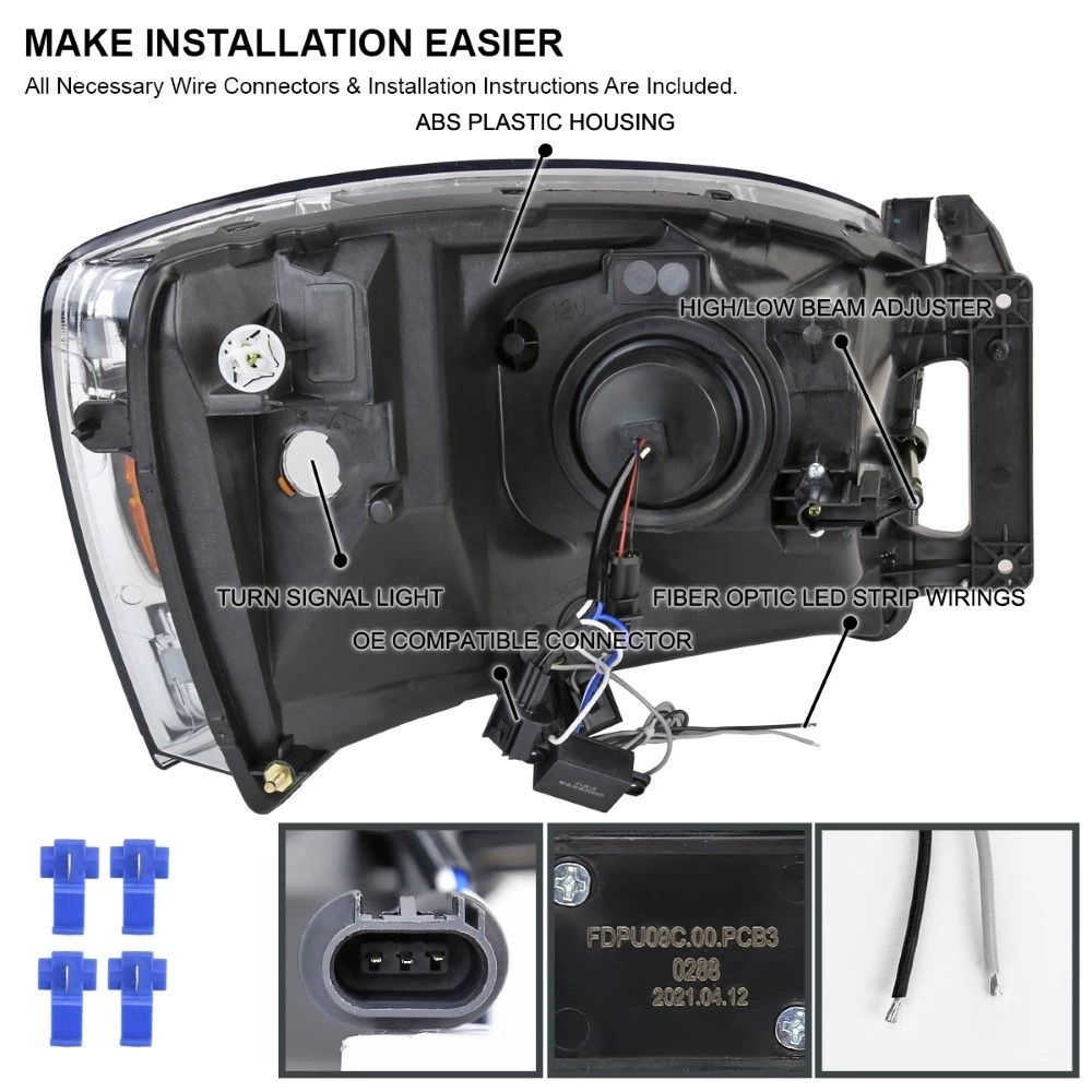 06-08 Dodge Ram 1500 2500 3500 LED Light Tubes Bars Projector Headlights - Black 4 06-08 Dodge Ram 1500 2500 3500 LED Light Tubes Bars Projector Headlights - Black - Image 2