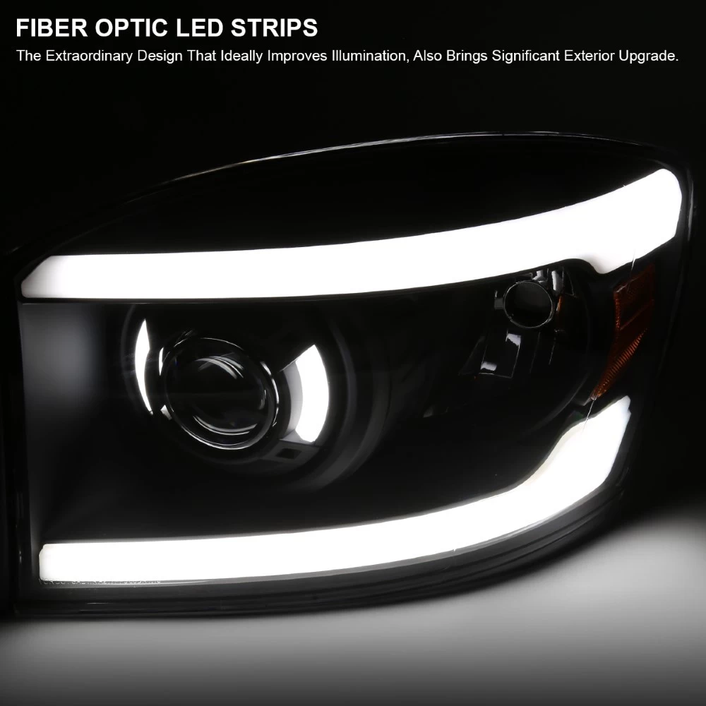 06-08 Dodge Ram 1500 2500 3500 LED Light Tubes Bars Projector Headlights - Black 5 06-08 Dodge Ram 1500 2500 3500 LED Light Tubes Bars Projector Headlights - Black - Image 3