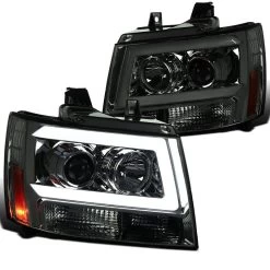 07-13 Chevy Avalanche Suburban Tahoe Smoke Tinted LED DRL Bar Projector Headlights
