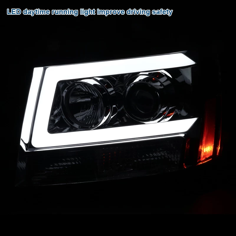 07-13 Chevy Avalanche Suburban Tahoe Smoke Tinted LED DRL Bar Projector Headlights 8 07-13 Chevy Avalanche Suburban Tahoe Smoke Tinted LED DRL Bar Projector Headlights - Image 6