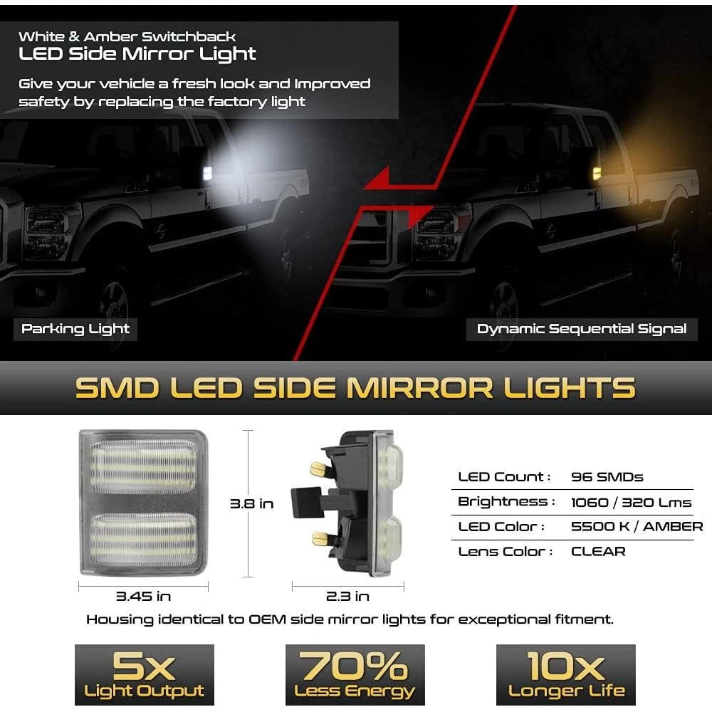 08-16 Ford F250 F350 F450 F550 Super Duty LED Side Mirror Light Switchback + Sequential Signal - White & Amber 4 08-16 Ford F250 F350 F450 F550 Super Duty LED Side Mirror Light Switchback + Sequential Signal - White & Amber - Image 2
