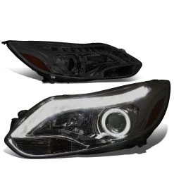 12-14 Ford Focus Pair Of LED Halo Projector Headlight W/ Running Light Strip - Smoked