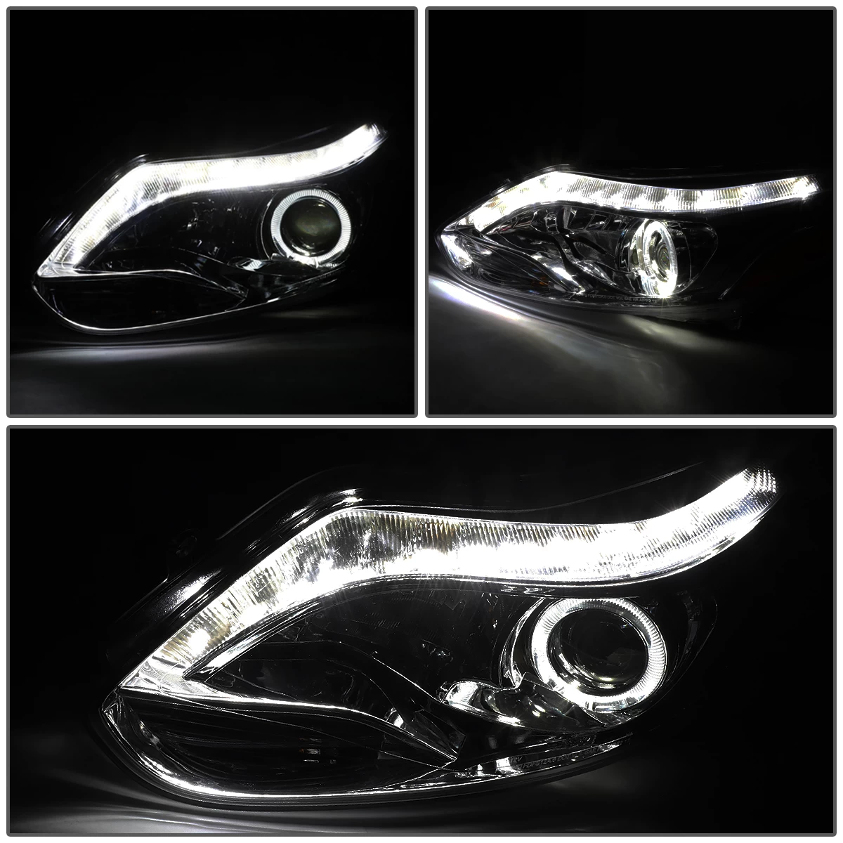 12-14 Ford Focus Pair Of LED Halo Projector Headlight W/ Running Light Strip - Smoked 6 12-14 Ford Focus Pair Of LED Halo Projector Headlight W/ Running Light Strip - Smoked - Image 4