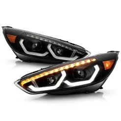 15-18 Ford Focus (Halogen Model) Full LED Headlights W/ LED Light Bar - Black Housing