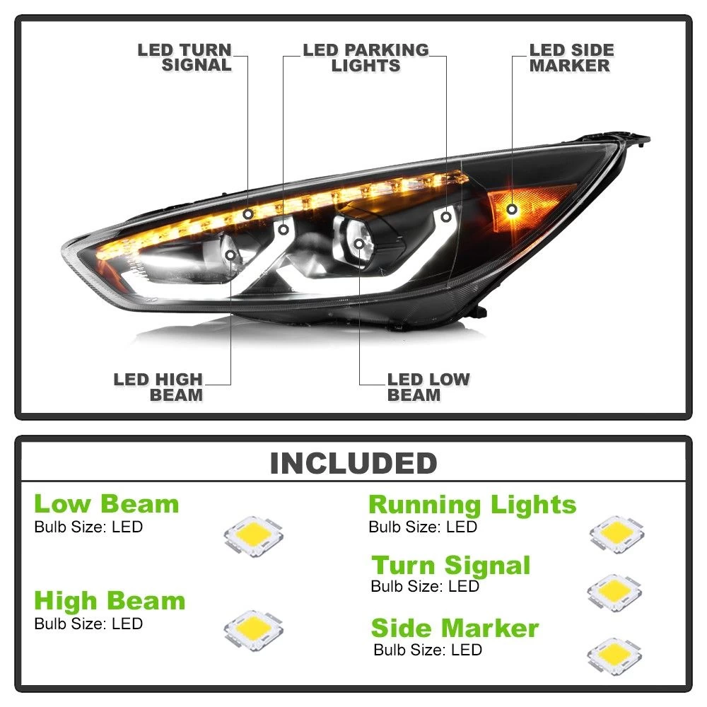 15-18 Ford Focus (Halogen Model) Full LED Headlights W/ LED Light Bar - Black Housing 4 15-18 Ford Focus (Halogen Model) Full LED Headlights W/ LED Light Bar - Black Housing - Image 2
