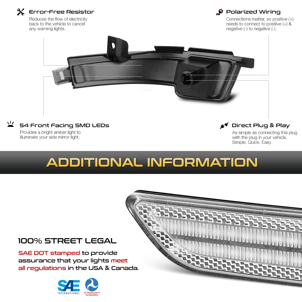 15-22 Ford Mustang Sequential Amber LED Side Mirror Lights - Clear 8 15-22 Ford Mustang Sequential Amber LED Side Mirror Lights - Clear - Image 6