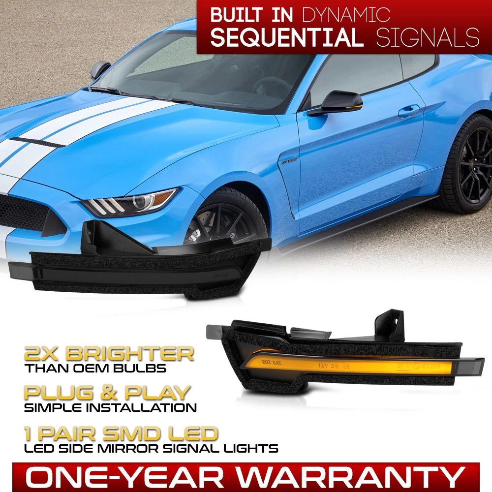 15-22 Ford Mustang Sequential Amber LED Side Mirror Lights - Smoked 4 15-22 Ford Mustang Sequential Amber LED Side Mirror Lights - Smoked - Image 2