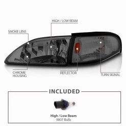 1994-1998 Ford Mustang Smoke Replacement Headlights + Corner Signal Set -Professional Auto Parts Store 1994 1998 ford mustang smoke replacement headlights corner signal set 94
