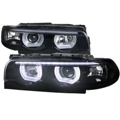 1995-2001 BMW E38 7-Series LED Halo DRL Projector Headlights - Gloss Black