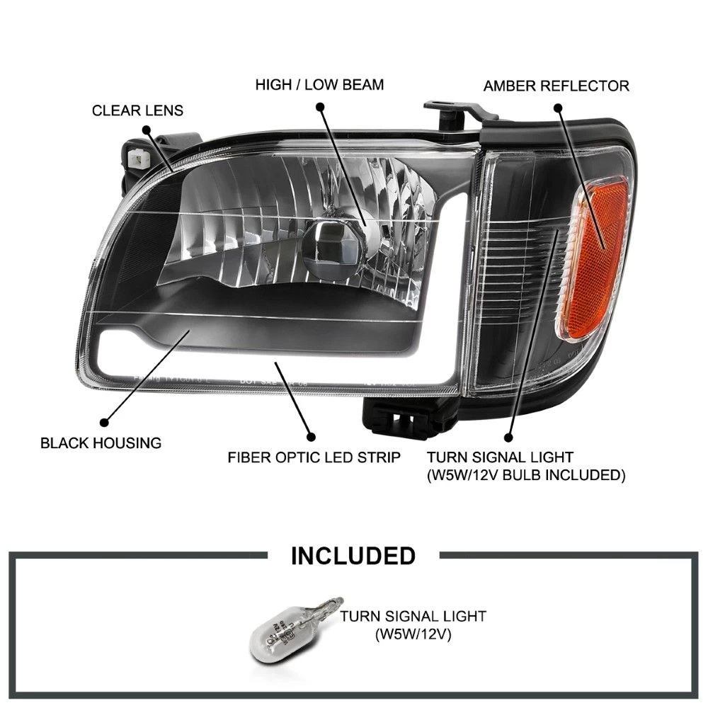 2001-2004 Toyota Tacoma OE-Style Headlights W/ LED DRL Bar & Corner Lights - Black Housing 4 2001-2004 Toyota Tacoma OE-Style Headlights W/ LED DRL Bar & Corner Lights - Black Housing - Image 2