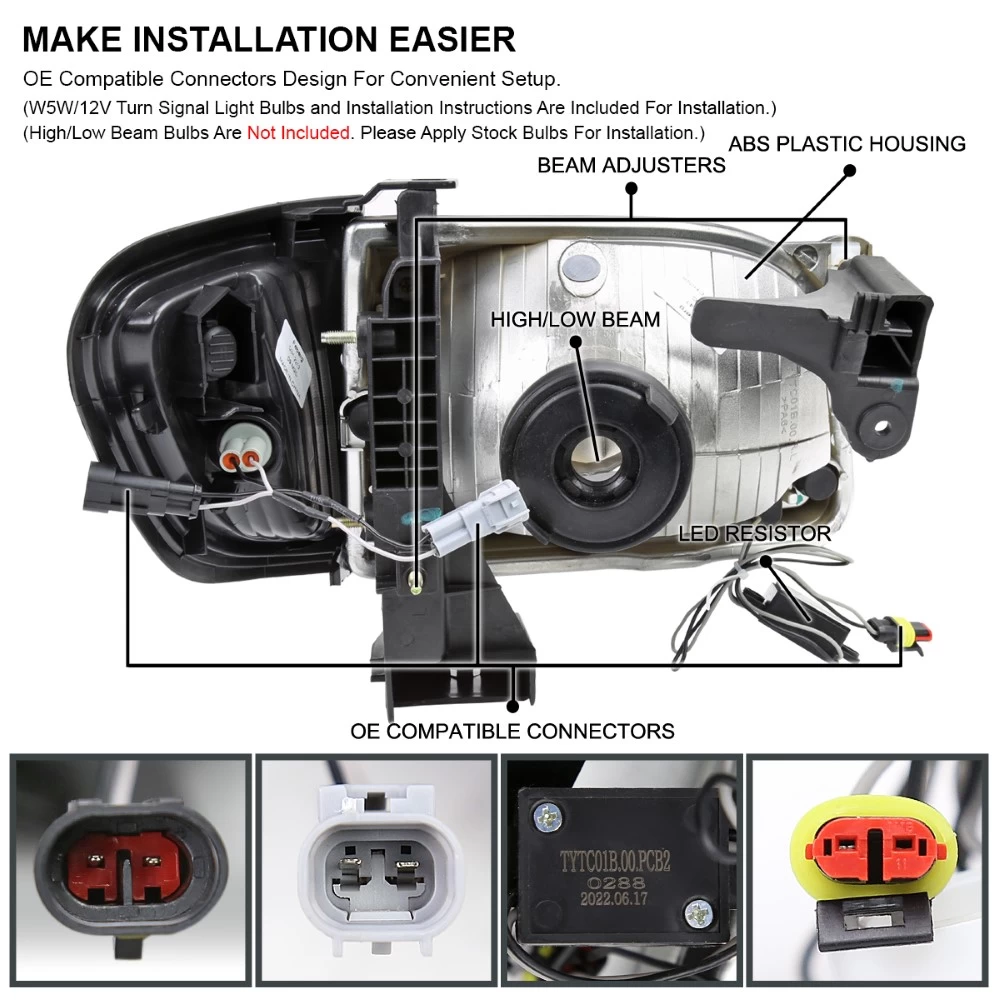 2001-2004 Toyota Tacoma OE-Style Headlights W/ LED DRL Bar & Corner Lights - Black Housing 5 2001-2004 Toyota Tacoma OE-Style Headlights W/ LED DRL Bar & Corner Lights - Black Housing - Image 3