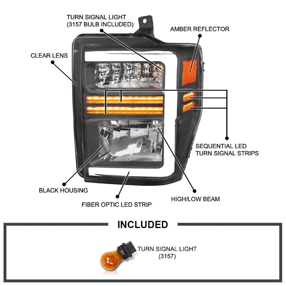 2008-2010 Ford F250/F350 SuperDuty Reflector Headlights W/ LED Tube & Sequential Turn Signals - Black Housing 4 2008-2010 Ford F250/F350 SuperDuty Reflector Headlights W/ LED Tube & Sequential Turn Signals - Black Housing - Image 2