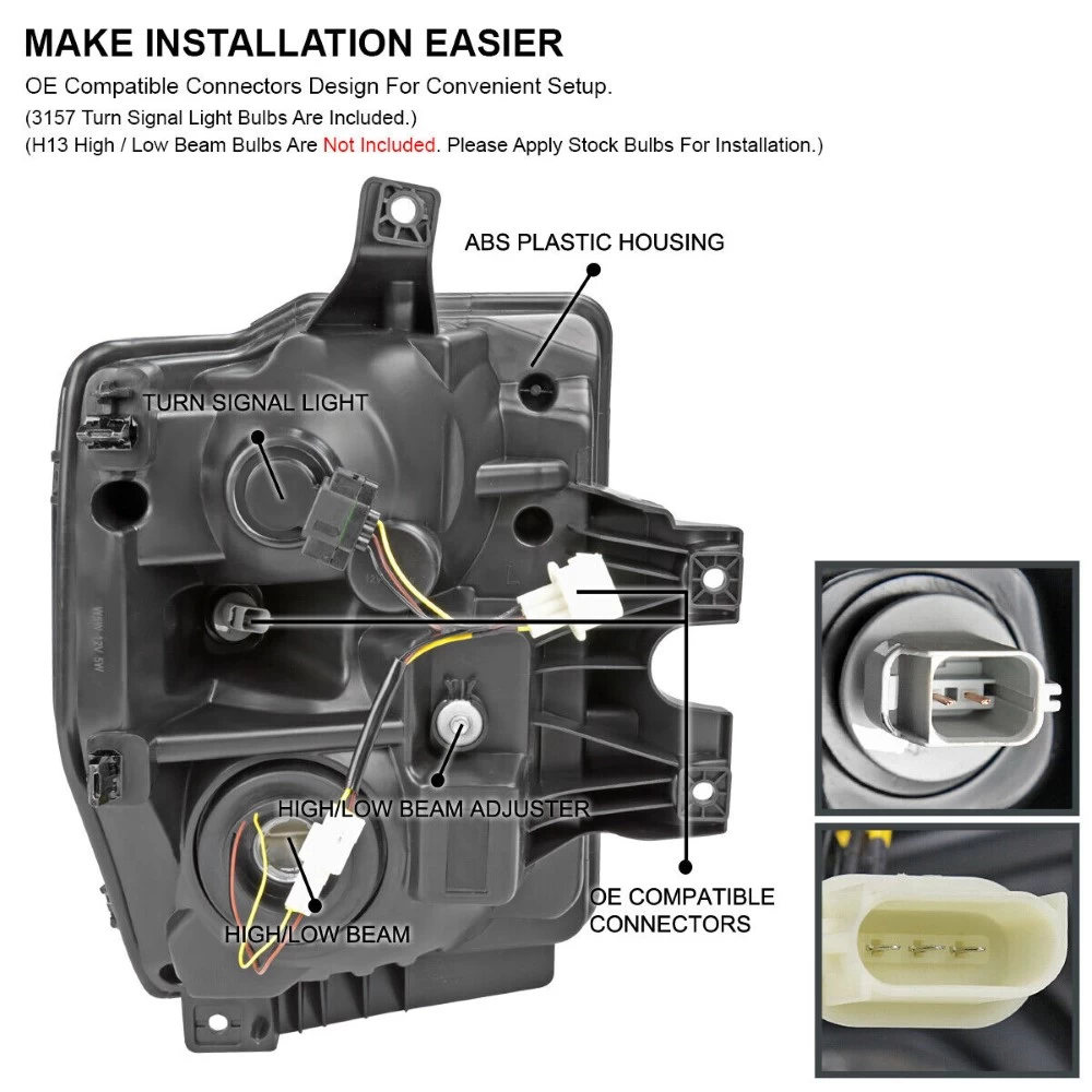 2008-2010 Ford F250/F350 SuperDuty Reflector Headlights W/ LED Tube & Sequential Turn Signals - Black Housing 5 2008-2010 Ford F250/F350 SuperDuty Reflector Headlights W/ LED Tube & Sequential Turn Signals - Black Housing - Image 3