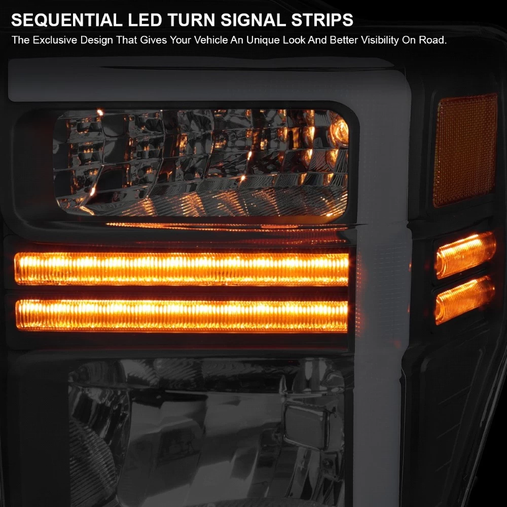 2008-2010 Ford F250/F350 SuperDuty Reflector Headlights W/ LED Tube & Sequential Turn Signals - Black Housing 6 2008-2010 Ford F250/F350 SuperDuty Reflector Headlights W/ LED Tube & Sequential Turn Signals - Black Housing - Image 4