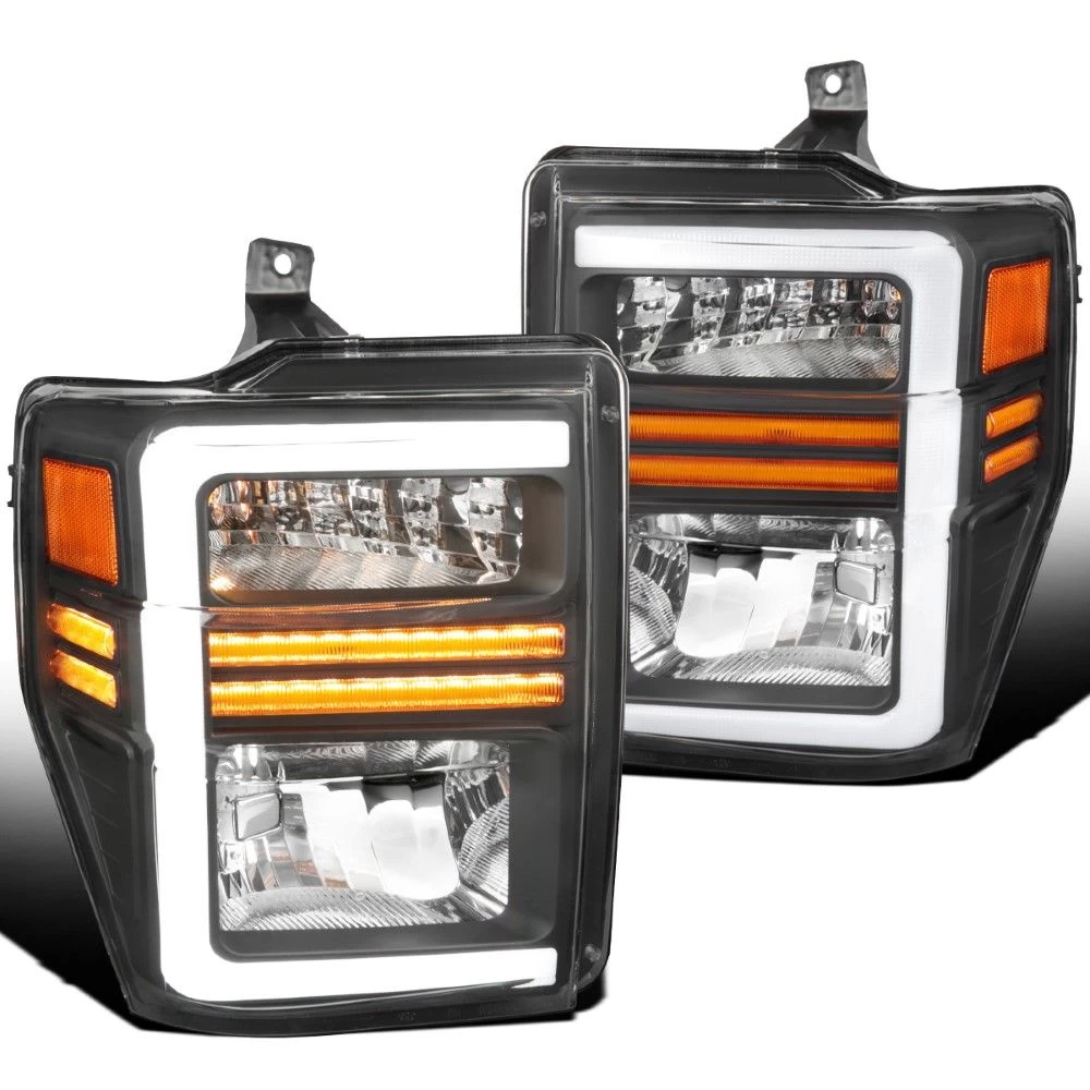 2008-2010 Ford F250/F350 SuperDuty Reflector Headlights W/ LED Tube & Sequential Turn Signals - Black Housing 3 2008-2010 Ford F250/F350 SuperDuty Reflector Headlights W/ LED Tube & Sequential Turn Signals - Black Housing