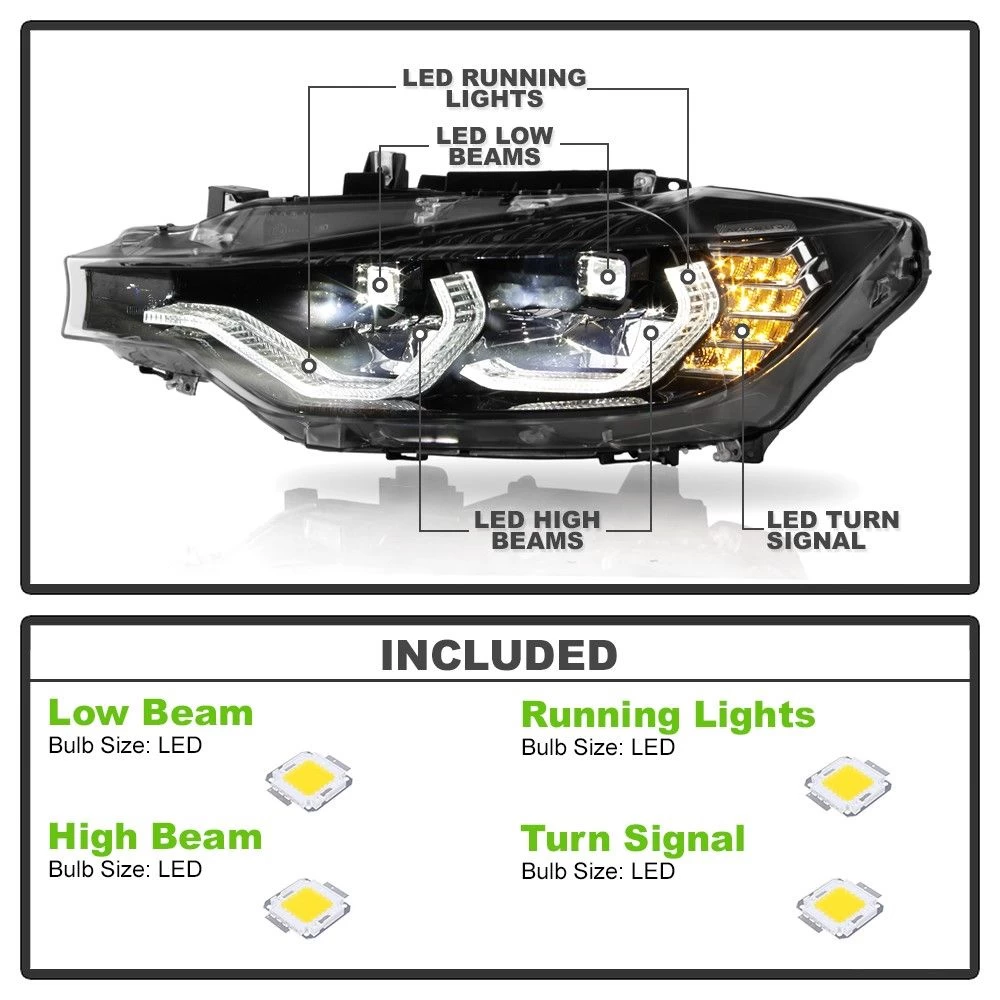 Spyder 2012-2015 BMW F30 320i 328i Sedan Full LED DRL Tube Projector Headlights - Black Housing 4 Spyder 2012-2015 BMW F30 320i 328i Sedan Full LED DRL Tube Projector Headlights - Black Housing - Image 2