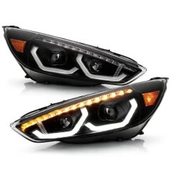 2015-2018 Ford Focus Sequential Turn Signal LED DRL Projector Headlights - Set Black Housing
