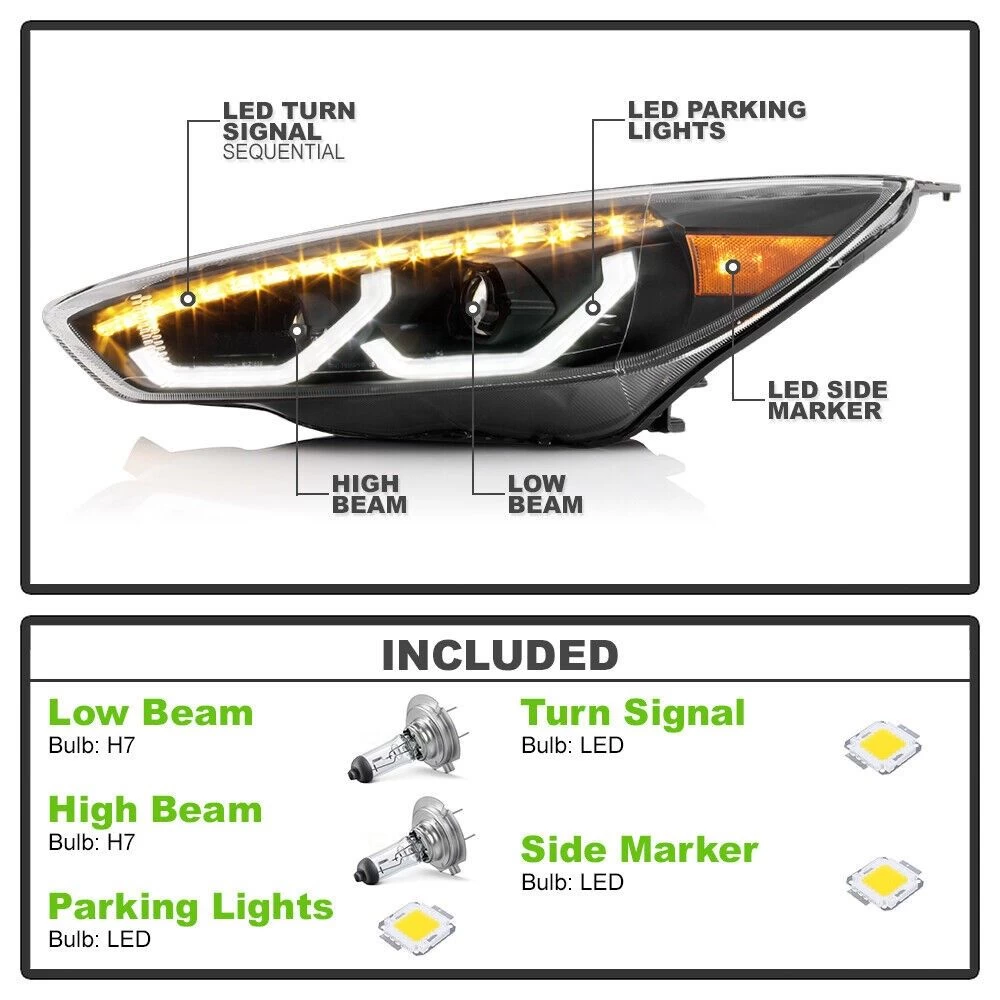 2015-2018 Ford Focus Sequential Turn Signal LED DRL Projector Headlights - Set Black Housing 4 2015-2018 Ford Focus Sequential Turn Signal LED DRL Projector Headlights - Set Black Housing - Image 2