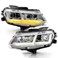 2016-2018 Chevrolet Camaro L Shape LED Tube/Switchback Headlights W/ Full LED Low/High Beams - Chrome Housing