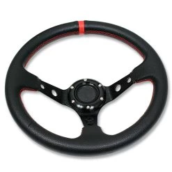 320MM 3-inch DEEP DISH 6 HOLE BLACK SPORT STEERING WHEEL RED STITCHING + HORN BUTTON