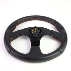 320mm 6-Bolt Aluminum Frame Vinyl Leather Cover Steering Wheels + Horn Button (Black Spoke / Red Stitch) -Professional Auto Parts Store 320mm 6 bolt aluminum frame vinyl leather cover steering wheels horn button black spoke red stitch 133