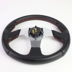 320mm 6-Bolt Aluminum Frame Vinyl Leather Cover Steering Wheels + Horn Button (Silver Spoke / Red Stitch) -Professional Auto Parts Store 320mm 6 bolt aluminum frame vinyl leather cover steering wheels horn button silver spoke red stitch 124