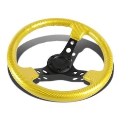350mm 3-inch Deep Dish Classic Carbon Fiber Look 6-Hole 3-Spoke Steering Wheel Gold