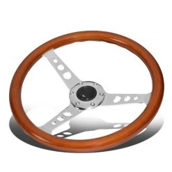 350mm Wood Grain Grip Vintage Steering Wheel 2-inch Deep Dish Stainless Steel Spoke