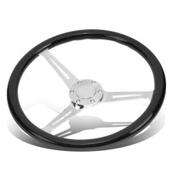 380mm Black Wood Grip Vintage Steering Wheel 2-inch Deep Dish Stainless Steel Spoke
