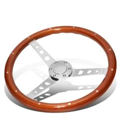 380mm Riveted Wood Grip Vintage Steering Wheel 2-inch Deep Dish Stainless Steel Spoke