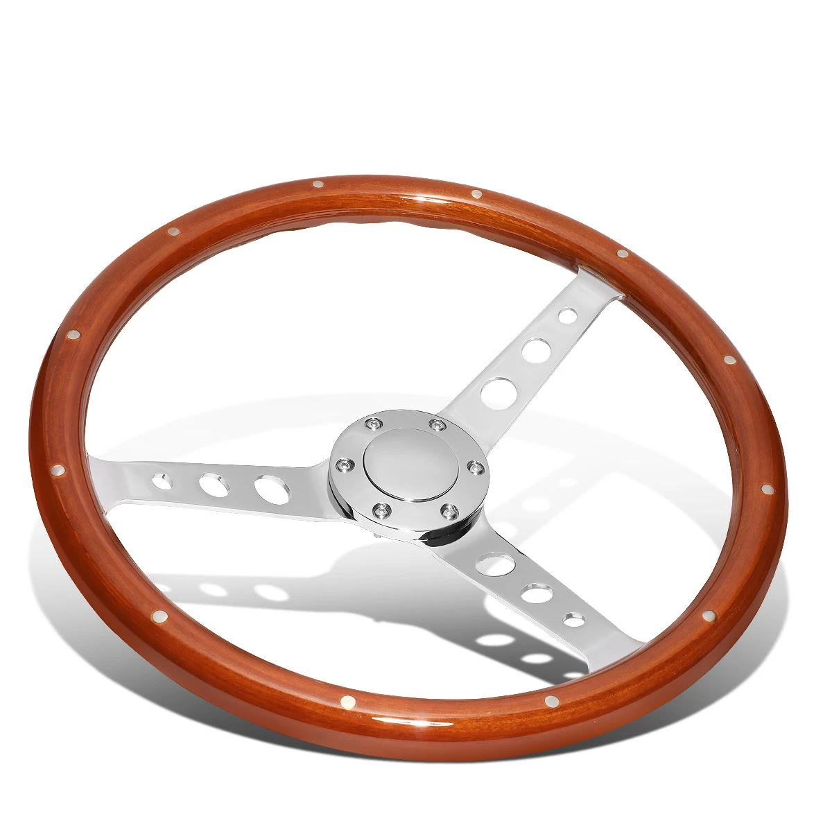 380mm Riveted Wood Grip Vintage Steering Wheel 2-inch Deep Dish Stainless Steel Spoke 4 380mm Riveted Wood Grip Vintage Steering Wheel 2-inch Deep Dish Stainless Steel Spoke - Image 2