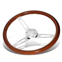 380mm Wood Grain Grip Vintage Steering Wheel 2-inch Deep Dish Stainless Steel Spoke