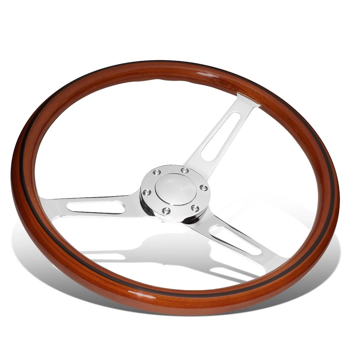 380mm Wood Grain Grip Vintage Steering Wheel 2-inch Deep Dish Stainless Steel Spoke 4 380mm Wood Grain Grip Vintage Steering Wheel 2-inch Deep Dish Stainless Steel Spoke - Image 2
