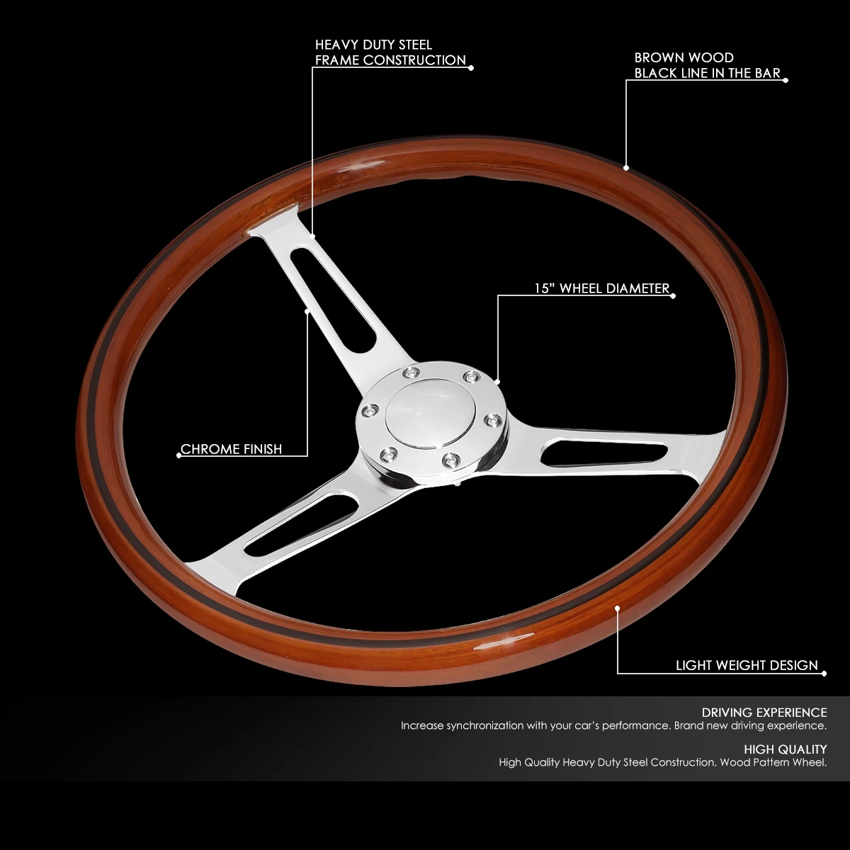 380mm Wood Grain Grip Vintage Steering Wheel 2-inch Deep Dish Stainless Steel Spoke 6 380mm Wood Grain Grip Vintage Steering Wheel 2-inch Deep Dish Stainless Steel Spoke - Image 4