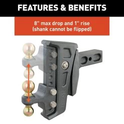 CURT® 45955 - Class 5 Rebellion XD Adjustable Cushion 8" Drop / 1" Rise Carbon Steel Ball Mount For 2-1/2" Receivers -Professional Auto Parts Store 45955 7