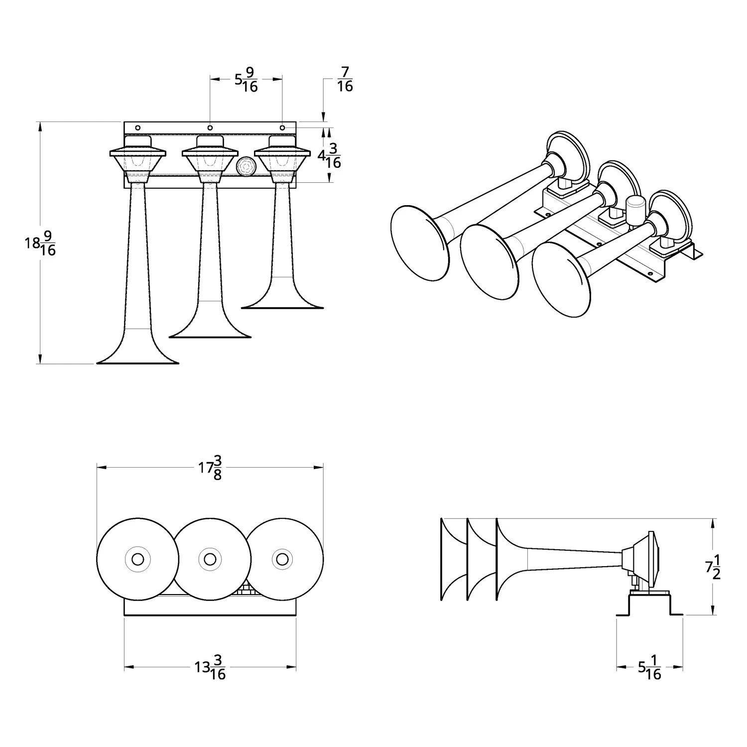 United Pacific® 46146 - Horizontal 3 Trumpet Chrome Train Horn Right 6 United Pacific® 46146 - Horizontal 3 Trumpet Chrome Train Horn Right - Image 4