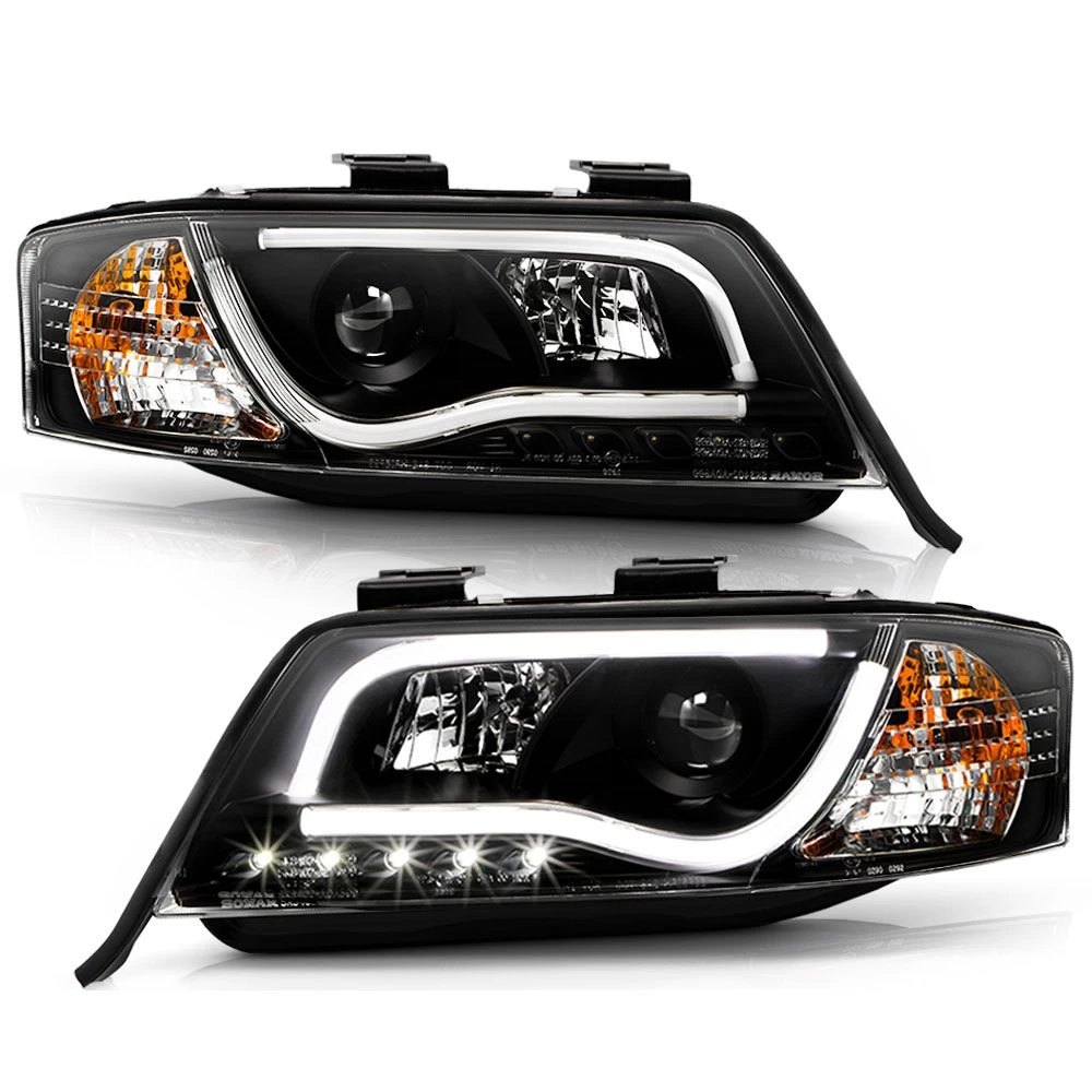 98-01 Audi A6 LED DRL Light-Tube Projector Headlights - Black 3 98-01 Audi A6 LED DRL Light-Tube Projector Headlights - Black