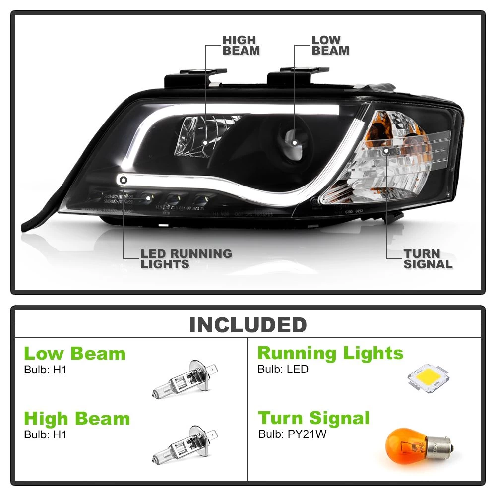 98-01 Audi A6 LED DRL Light-Tube Projector Headlights - Black 4 98-01 Audi A6 LED DRL Light-Tube Projector Headlights - Black - Image 2