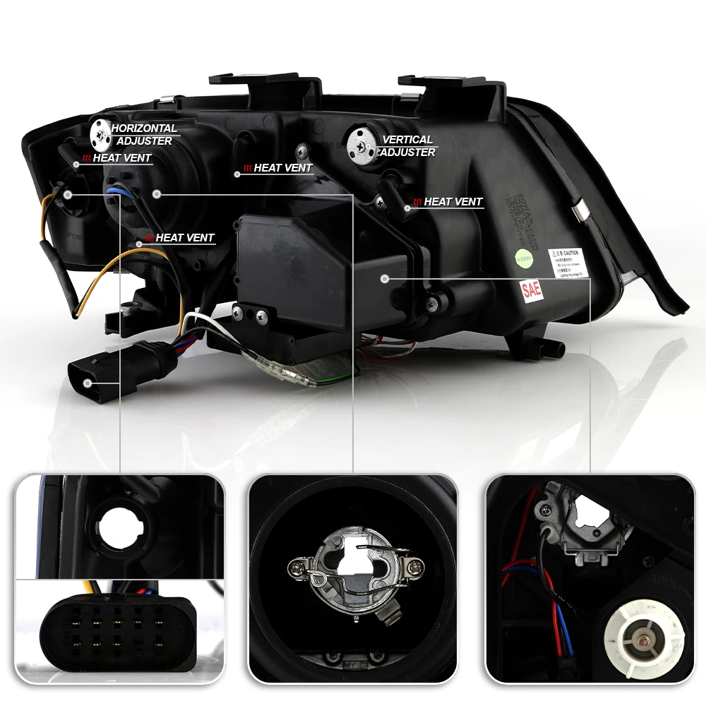 98-01 Audi A6 LED DRL Light-Tube Projector Headlights - Black 5 98-01 Audi A6 LED DRL Light-Tube Projector Headlights - Black - Image 3