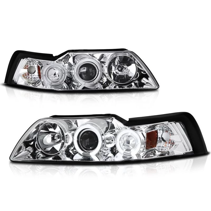 99-04 Ford Mustang 1-Piece Angel Eye Halo & LED Projector Headlights - Chrome 3 99-04 Ford Mustang 1-Piece Angel Eye Halo & LED Projector Headlights - Chrome