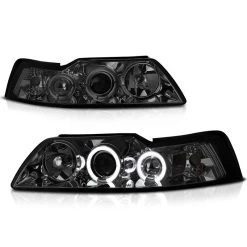 99-04 Ford Mustang 1-Piece Angel Eye Halo & LED Projector Headlights - Smoked