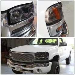 HID Combo 99-06 GMC Sierra/Yukon GMT800 4pc Dual Halo Projector Headlight+Bumper Light - Smoked -Professional Auto Parts Store 99 06 gmc sierra yukon gmt800 4pc dual halo projector headlight bumper light smoked 100
