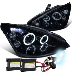 HID Combo 00-04 Ford Focus Angel Eye Halo & LED Projector Headlights - Gloss Black