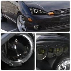 HID Combo 00-04 Ford Focus Angel Eye Halo & LED Projector Headlights - Gloss Black -Professional Auto Parts Store hid xenon 00 04 ford focus angel eye halo led projector headlights gloss black 176