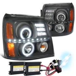 HID Combo 02-06 Cadillac Escalade LED Strip Halo Projector Headlights - Black