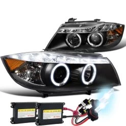 HID Combo 06-08 BMW E90 4D Halo LED DRL Projector Headlights Black